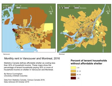 Maps showing housing affordability in Vancouver and Montreal