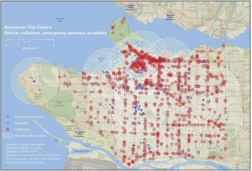 Hospitals in Vancouver with 2km buffer